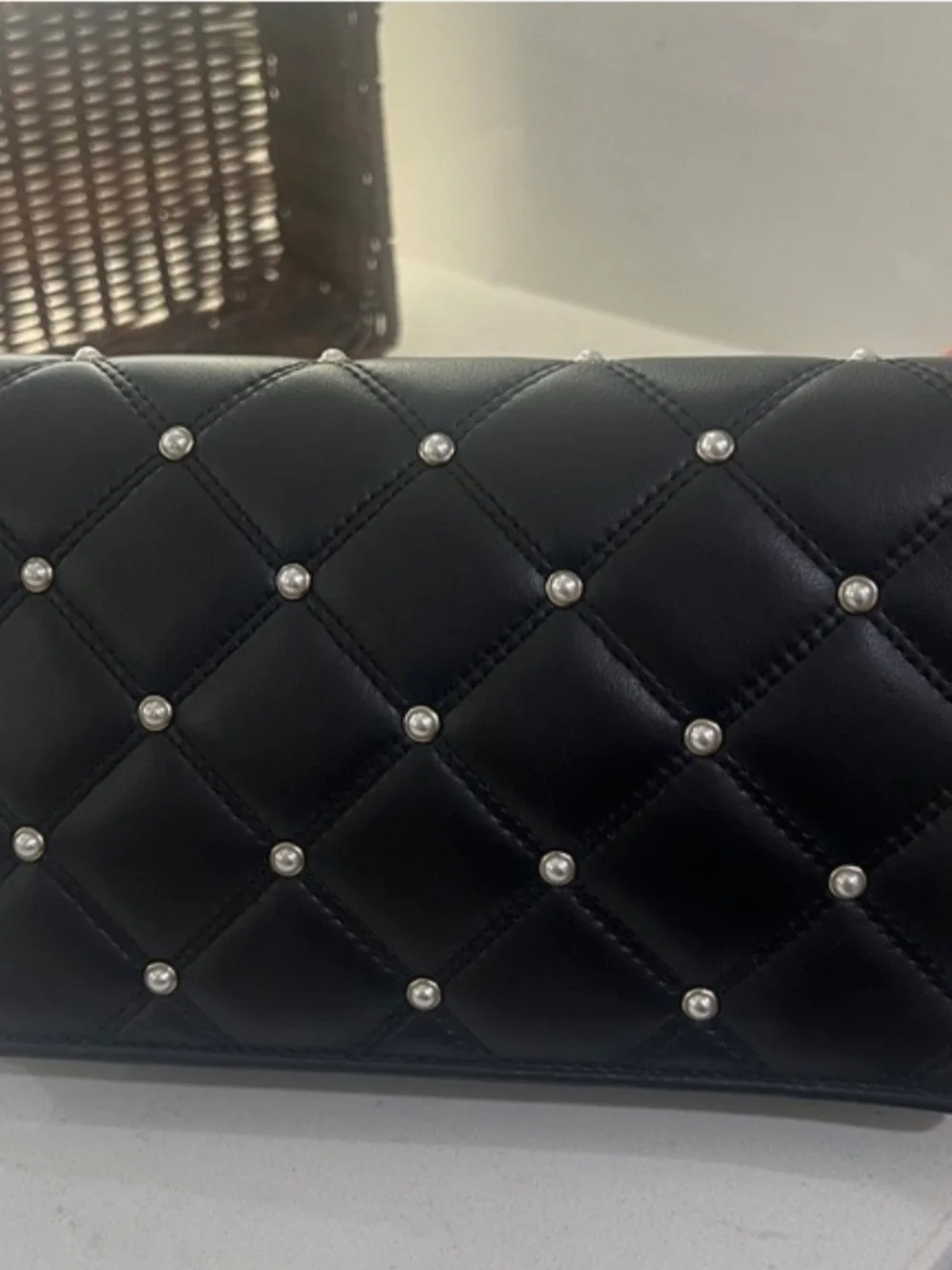 Tory Burch Black Quilted Pearl-Stud Crossbody with Chain Strap